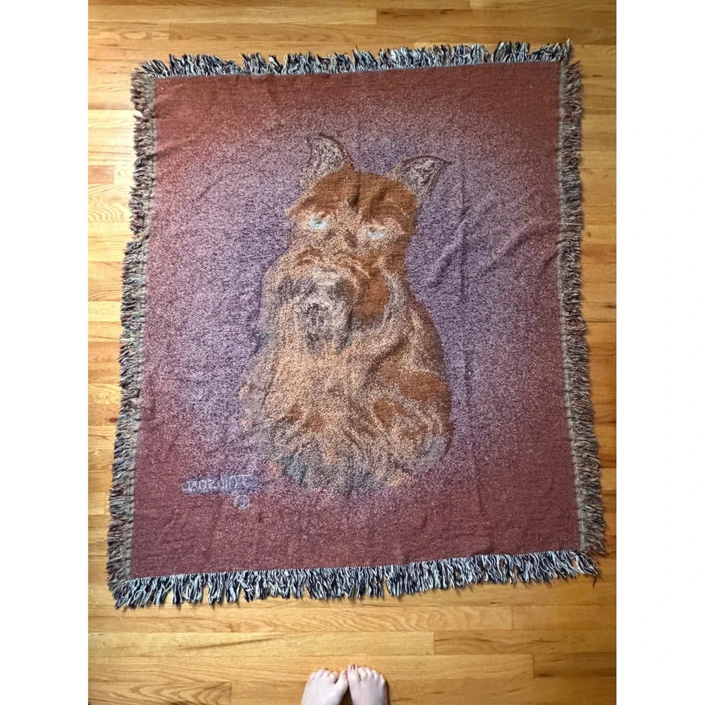 Vintage J Gibson Woven Tapestry Throw Blanket Schnauzer Dog Green Fringed 52x60
